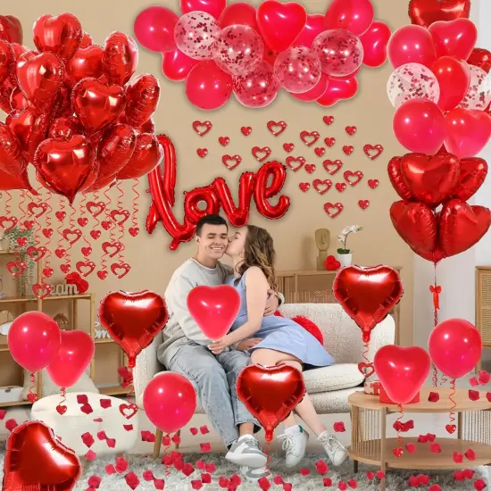 Red Party Decorations - Heart Balloons, Love Balloon & Rose Petals {3}