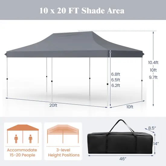 10x20 Feet Pop Up Foldable and Portable Outdoor Gazebo with Carry Bag Ideal for Party or Wedding Ceremony Grey {5}