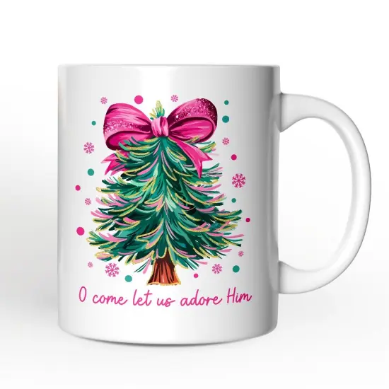 Glitter Christmas Tree Coquette Bow Mug, O Come Let Us Adore Him Holiday Gift {1}