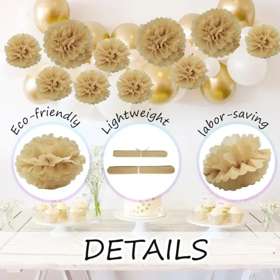 12 Pieces Tissue Paper Pompoms 10in and 12in Hanging Tissue Flowers Decorations Colour Paper Flower Ball Paper Flowers Pom Poms for Party Wedding Decoration (ZH/Khaki) {3}