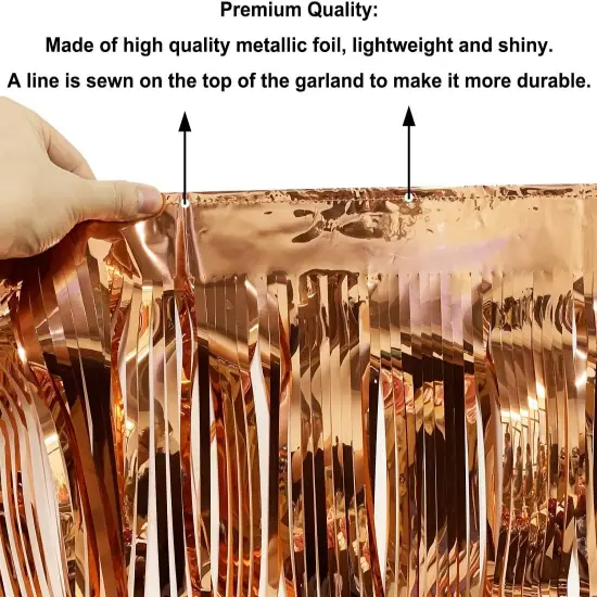 10 Feet by 15 Inch Rose Gold Foil Fringe Garland - Pack of 4 | Shiny Metallic Tinsel Banner | Ideal for Parade Floats, Bridal Shower, Bachelorette, Wedding, Birthday, Christmas | Wall Hanging Drapes {4}