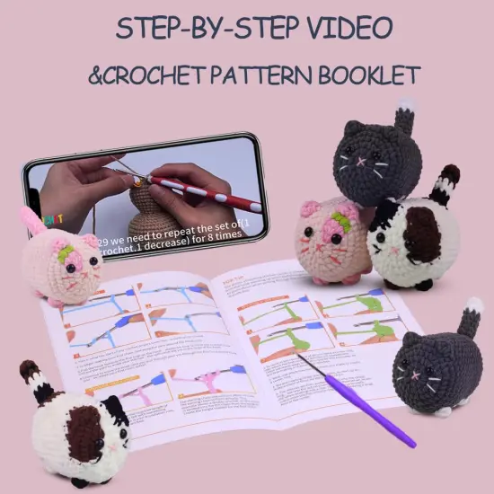 Crochet Kit for Beginners, Crochet Kit with Step-by-Step Video Tutorials, Beginner Crochet Kit for Adults, Crochet Animal Kit for Kids(Pink cat) {5}