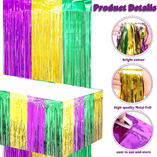 4 Packs Mardi Gras Table Skirts & 2 Pack Mardi Gras Tinsel Curtains,29x108 Inch Metallic Foil Fringe Table Skirts for Carnival Mardi Gras New Orleans Masquerade Party {3}