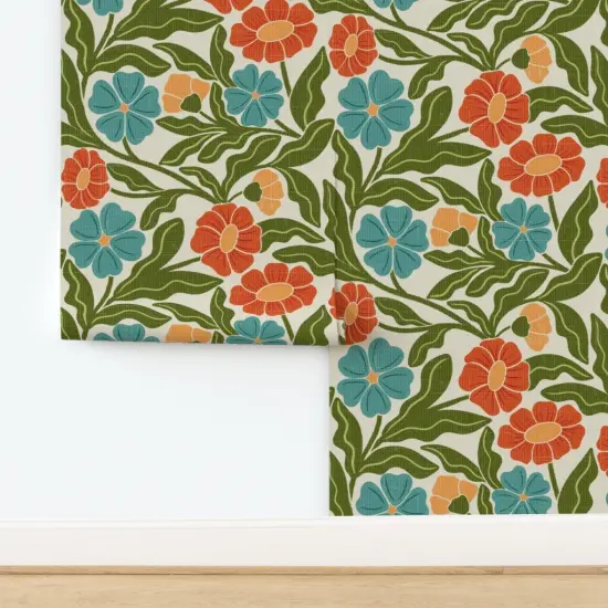Pre-Pasted Wallpaper 2FT Wide Retro Bohemian Botanical Trailing Vine Muted Green Blue Orange Flowers Custom Pre-pasted Wallpaper by Spoonflower {2}