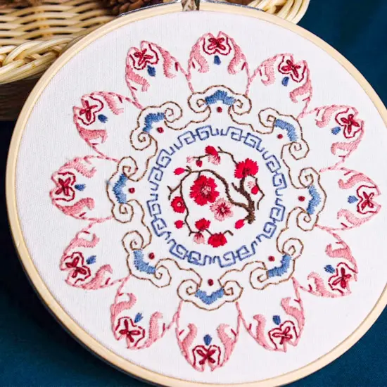 4 Mandala Embroidery Starter Kit with Instruction Plum Blossom Chrysanthemum Orchid Lotus Needlepoint Cross Stitch Kit with Embroidery Hoop Threads Needle Scissors for Beginners DIY Craft {4}