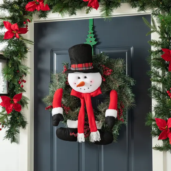 24"D Christmas Flocked Pine Needle & Berry Wreath with matched 20&ldquo;H Christmas Fabric Snowman Ornament Sets {1}