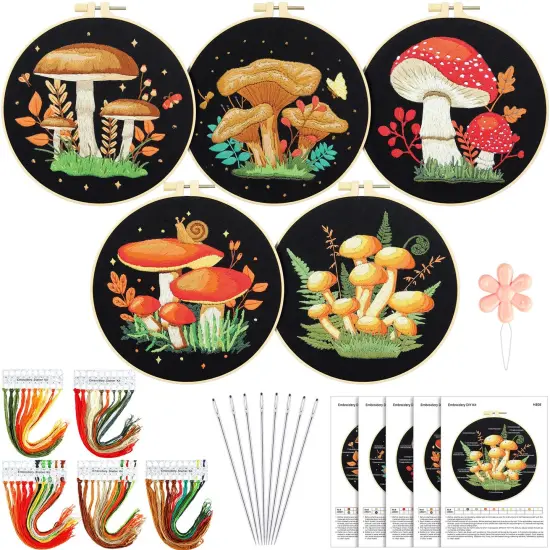 5 Sets Mushroom Embroidery Kit for Beginners with Pattern and Instructions Include Embroidery Cloth Hoops Threads for Craft Lover Hand Stitch DIY Adult Hand Needlepoint {1}
