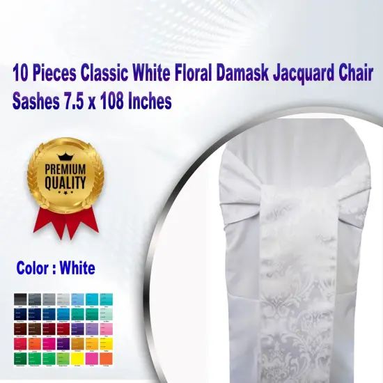 10 Pieces Classic White Floral Damask Jacquard Chair Sashes 7.5 x 108 Inches {1}