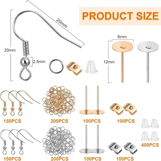 1500 Pcs Earring Hooks Making Kit(Gold, Silver) {2}