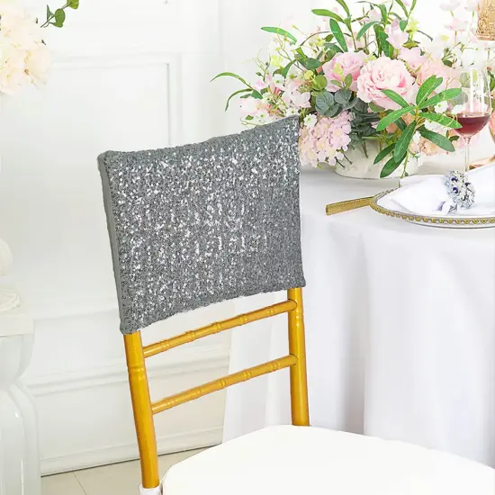 1 Piece Silver Sequin Spandex Chair Cap 13.5 inch by 10 inch Banquet Cover {2}