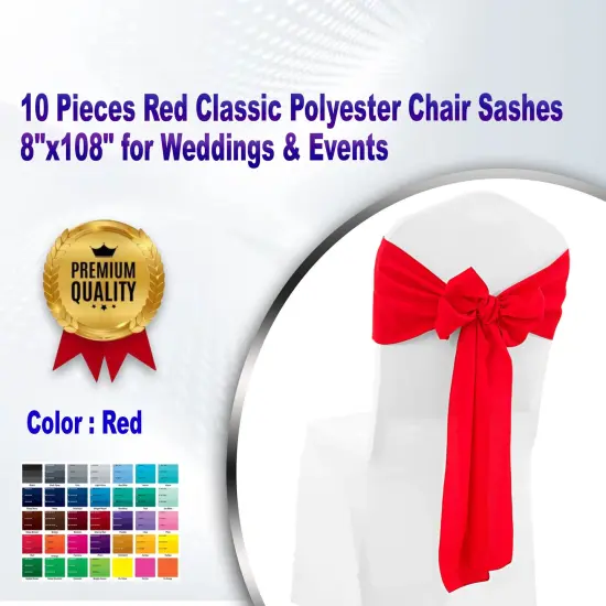 10 Pieces Red Classic Polyester Chair Sashes 8"x108" for Weddings & Events {1}