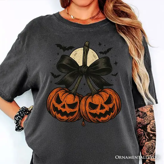 Pumpkin Cherries Coquette Bow T-Shirt, Retro Halloween Fall Season Tee for Sweet Autumn Girls {6}