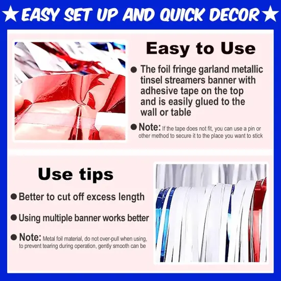 4 Pack 10 Ft White Blue Red Foil Fringe Garland Metallic Streamers Tinsel Banner Wall Hanging Garland Backdrop for Parade Floats, Halloween, Christmas, Thanksgiving, New Year Party Decorations {3}