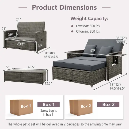 Costway Wicker Loveseat Sofa Set Patio Rattan Daybed with Ottoman & Retractable Side Tray {3}
