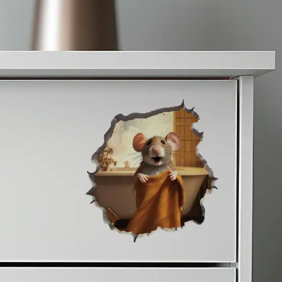 Bathroom Towel Mouse Wall Hole Decal - Wall Sticker with 3D Effect - Fun Gift Idea {4}