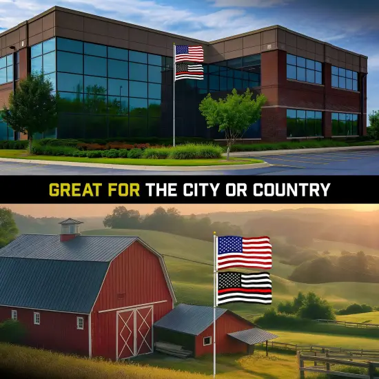 G128 Combo Pack: 20 Ft Telescoping Aluminum Flagpole (Silver) & American and Thin Red Line Flags 3x5 Ft, Both ToughWeave Series Embroidered Polyester | Pole with Flags Included {5}