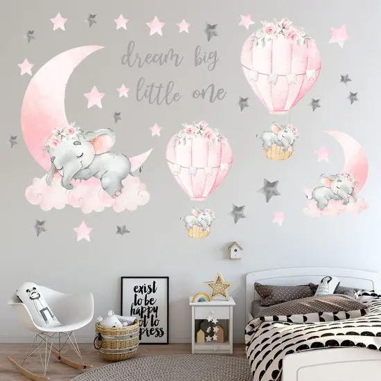Dream Big Little One Elephant Wall Stickers, Pink Moon Hot Air Balloon Grey Stars Wall Decals for Nursery Kids Room Living Room Bedroom Decorations Home Decor {3}