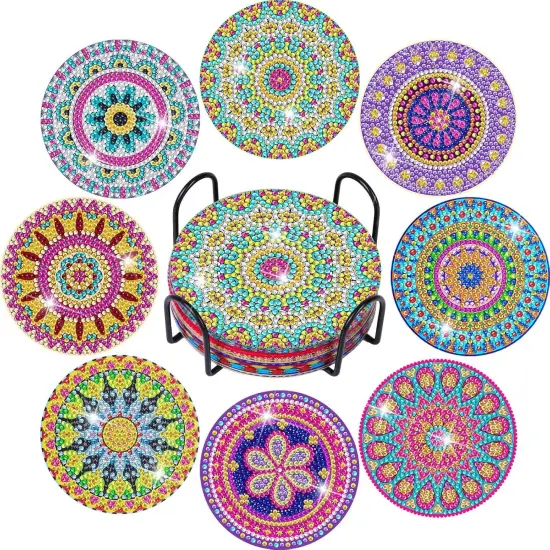Diamond Art Painting Coasters Kit, 8 Pieces Mandala Diamond Art Coasters with Holder, DIY Diamond Mandala Coasters for Beginners, Kids {1}