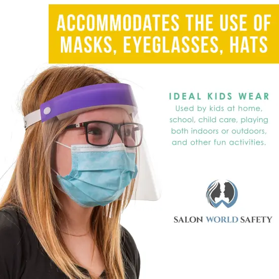 Salon World Safety Kids Face Shields (Pack of 10) - 5 Colors, 2 of Each - Clear Protective Children's Full Face Shields - Anti-Fog PET Plastic {5}