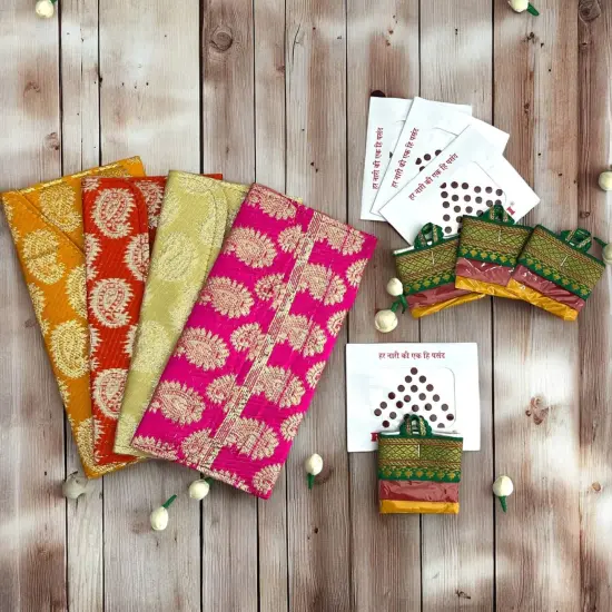 Navratri Kanya Pujan Gift Hamper Kanjak Gifts Religious Varalakshmi Vratham Teej Karva Chauth Housewarming Sankranti Wedding Return Gifts - Fabric Envelopes Bindi Pack Haldi Kumkum Packet {5}
