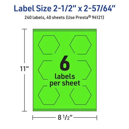 Avery Neon Green Paper Labels, 2-1/2" x 2-57/64" Hexagon {5}