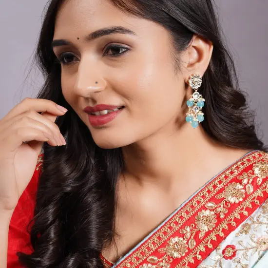 Indian Jhumka Earrings for Women - Large Floral Kundan Faux Pearls Drop Chanbali Earrings Indian Jhumki Ethnic Beaded Bollywood Style Dangle Earrings Jewelry for Bride Birthday Gift for Her TURQOISE {7}