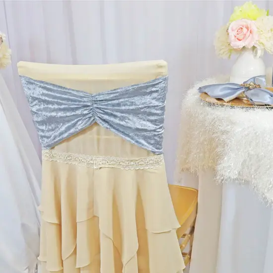 10 Pieces Dusty Blue Ruffled Ice Crushed Velvet Chair Bands for Elegant Event Styling 8 x 13 inches {2}