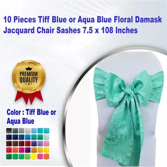 10 Pieces Tiff Blue or Aqua Blue Floral Damask Jacquard Chair Sashes 7.5 x 108 Inches {1}