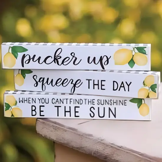 Wood Mini Sticks with Buffalo Check, Lemon Accents and Positive Quotes 3 Asstd. {2}