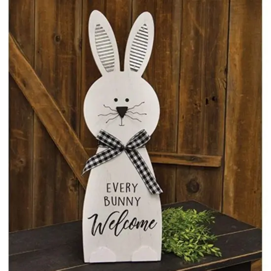 Wooden Bunny Decoration with Galvanized Ears and "Every Bunny Welcome" Sign {3}