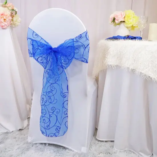 10 Pieces Royal Blue Embroidered Organza Chair Sashes 8"x108" Elegant Wedding & Event Decor {2}