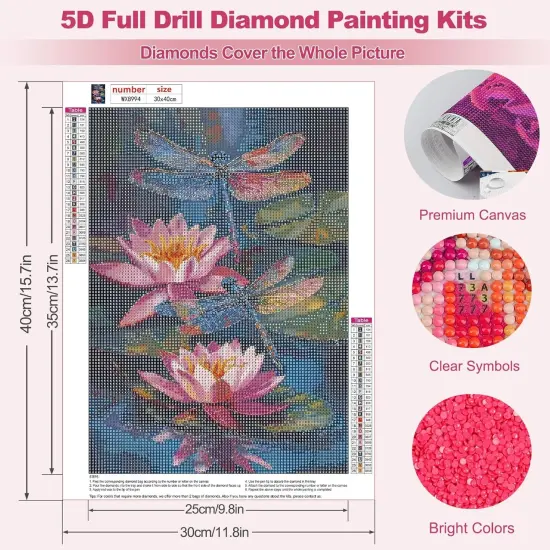 Lotus & Dragonfly Diamond Painting Kit &ndash; 12&times;16 inch {4}