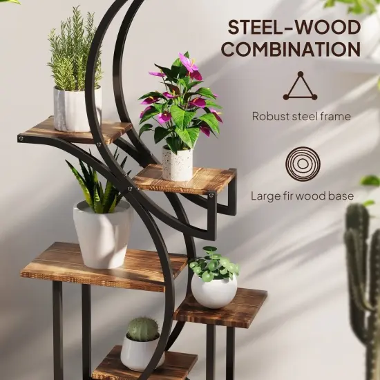 S-shaped Wooden 8-Tier Flower Plant Stand Carbonised black {3}