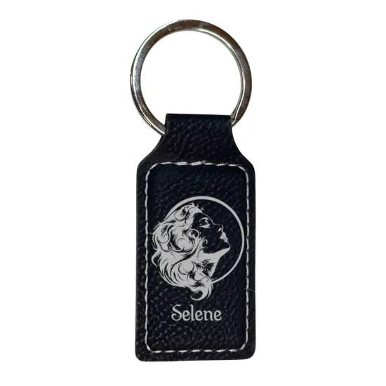Keychain - Rectangle - Selene Goddess of the Moon - Leather Rawhide/Black {3}