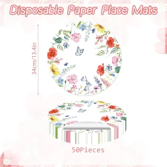 Paper Placemats Disposable 50 Pack Spring Flowers Place Mats 13.4 Inch Round Decorative Butterfly Wildflower Table Mats for Spring Birthday Bridal Wedding Party Supplies {2}