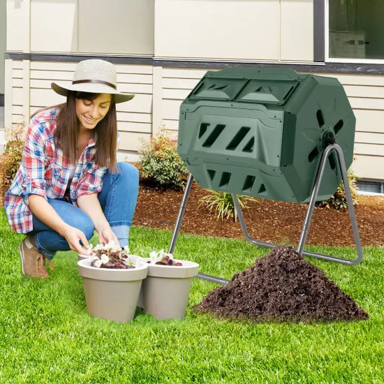 Dual-Chamber Compost Bin with Sliding Doors and Rotatable Design 42 Gallon Green {6}