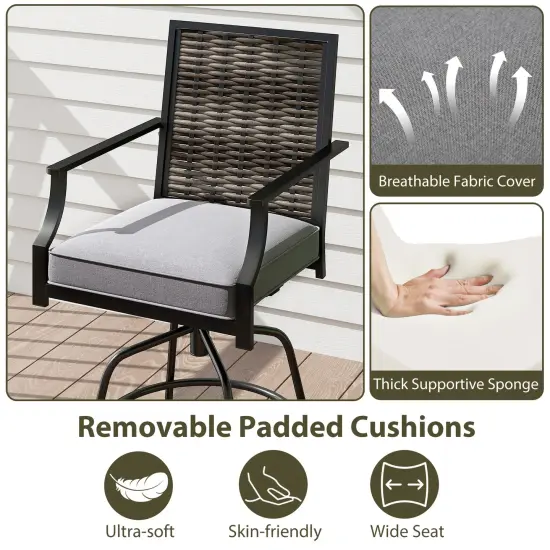 Outdoor PE Wicker Swivel Bar Stools Set of 2 Counter Height Patio Chairs with Back-Grey {6}
