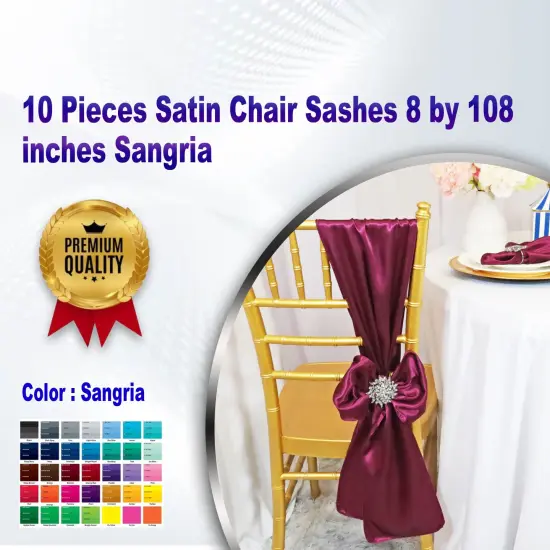 10 Pieces Satin Chair Sashes 8 by 108 inches Sangria {1}