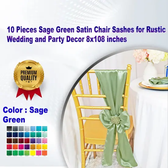 10 Pieces Sage Green Satin Chair Sashes for Rustic Wedding and Party Decor 8x108 inches {1}