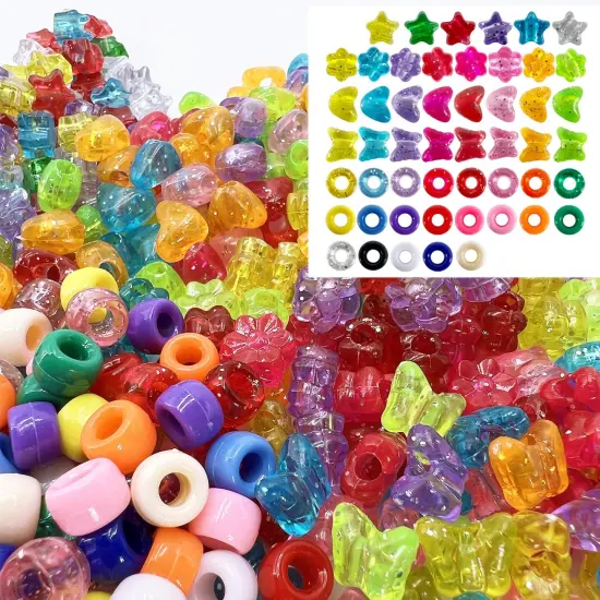 MIIIM 1000Pcs 6x9mm Pony Beads Shapes in 5 Styles 21 Colors, Heart, Star, Butterfly, Flower, Assorted Kandi Beads for Friendship Bracelet, Big Hole Hair Braids Crafts, Jewelry Making (Multi-Glitter) {1}
