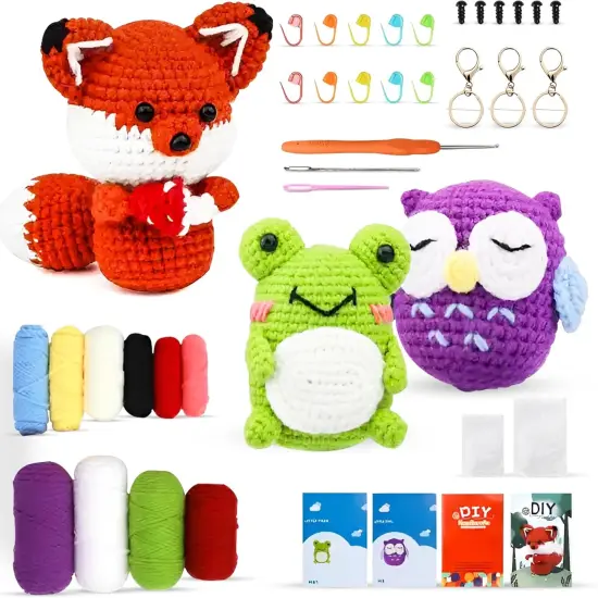 3 Pattern Animals-Owl, Fox, and Frog Crochet Kit {1}