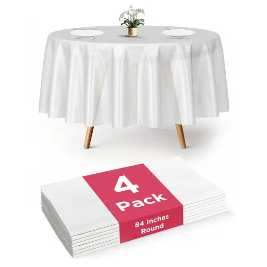 Prestee 4-Pack 84-Inch White Round Plastic Tablecloth Disposable - Durable Waterproof Table Covers for Weddings, BBQ, Parties, Outdoor Events - Elegant White Plastic Tablecloths Round for Any Occasion {1}