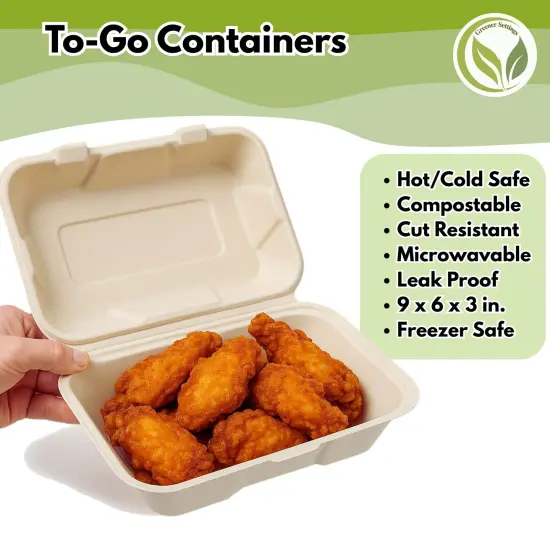 Greener Settings 75-Pack Compostable 9x6 Inch Clamshell Food Containers, Disposable Heavy-Duty Bagasse To-Go Boxes, Microwavable, Recyclable, Freezer Safe for Nachos, Wings, Cookies, Meals {3}