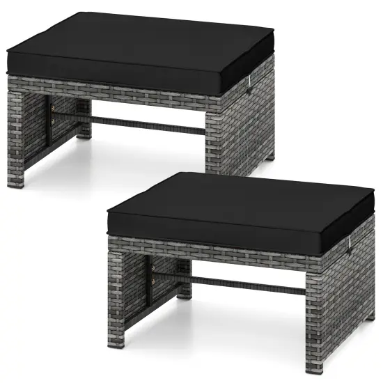 2 Piece Mix Grey Rattan Ottomans with Cushions, Sturdy Metal Frame and Multi-Function Design Navy {10}
