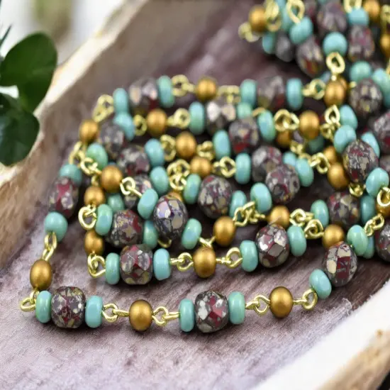 Czech Glass Southwest Blend Turquoise Tri Cut Beaded Chain with Gold Links -- Sold by the foot {3}