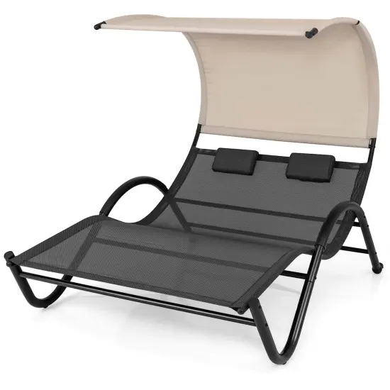 Costway Outdoor Double Chaise Lounge Chair with Sunshade Canopy & Headrest Pillows {2}