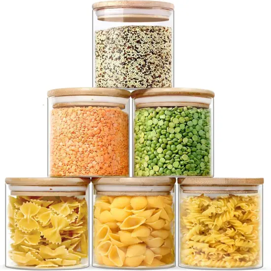Urban Green Glass Jars with Bamboo Lids, Glass Airtight Canisters sets, Food Storage Container, Pantry Organization and Storage Jars, Kitchen Canisters Sets, Flour Containers of 6 {1}
