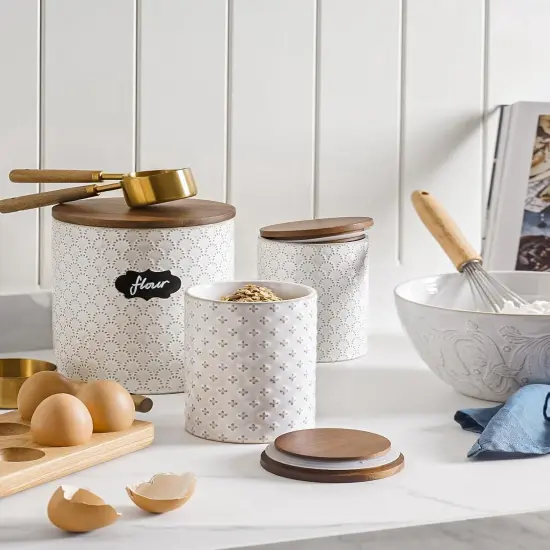 Food Storage Containers with Airtight Lids, 78/25 oz Ceramic Flour and Sugar Canisters Sets, Embossed Large Jars for Pasta, Oats, Coffee Bean, Cookies, Rice, Grains, Tea - Set of 2, Clover {1}