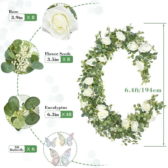 6.4 Ft Fuller White Flower Garland with Butterfly, Artificial Eucalyptus Garland with Flowers Fake Rose Vine Garland for Table Centerpiece Wedding Arch Baby Shower Party Room Backdrop Decor {5}