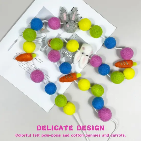 2 PCS Easter Wool Felt Ball Garland Rabbit Carrot Pom Pom Garlands, 6.56 Feet Bunny Hanging Banners, Bunny Wall Decors(White+Grey) {4}